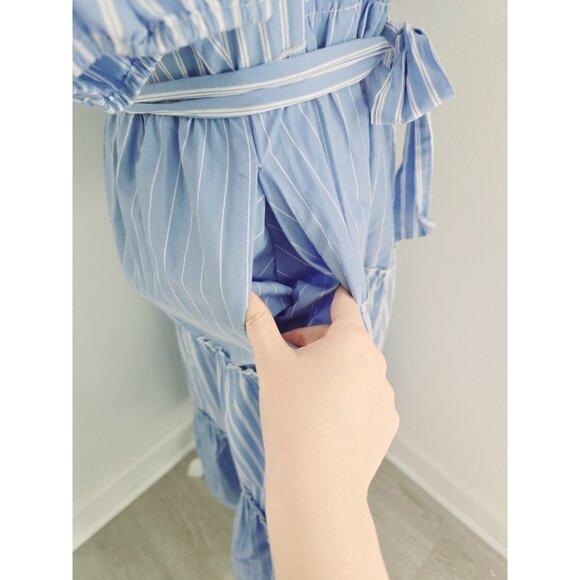 Fifteen Twenty Cotton Striped Blue White Tie Tiered Peasant Midi Cottage Dress L - Picture 6 of 13